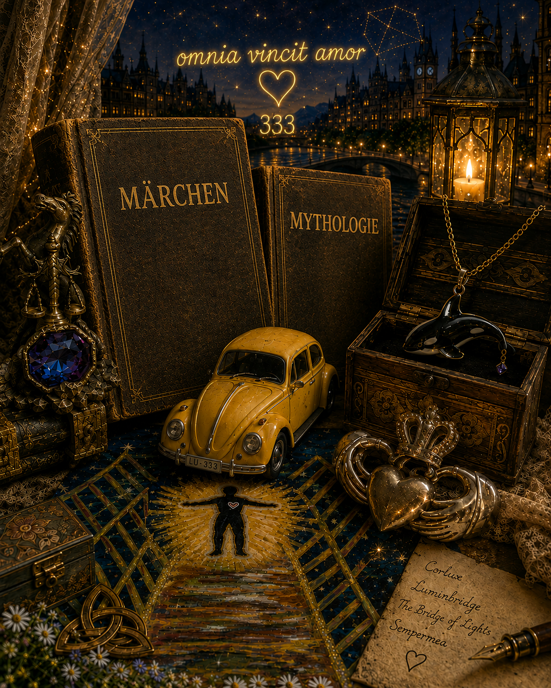 A still life at night: two old books lettered “Märchen” and “Mythologie”, a yellow VW Beetle with the plate LU-333, a jewellery chest holding an orca pendant, a Claddagh ring with a crown, a lantern, and an open sheet of paper reading Corluxe, Luminbridge, The Bridge of Lights, Sempermea. Above them “omnia vincit amor” glows in script over a heart and the number 333.